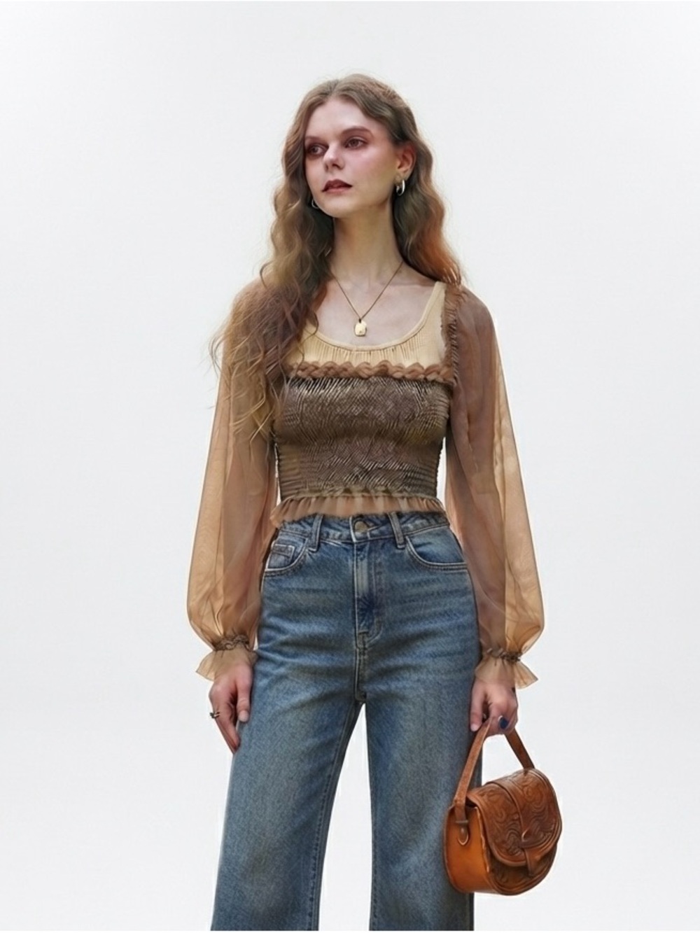MABLE Brown Taupe Sheer Mesh Ruched Crop Top Long Bishop Sleeve Square Neck Lg